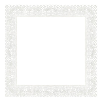 White delicate lace in a square frame isolated on white or transparent background