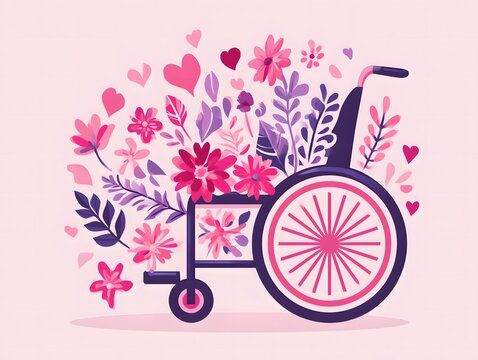 Wheelchair surrounded by pink flowers and hearts vector illustration Vector