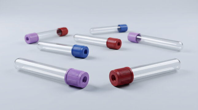 Group of sterile empty blood collection vacuum tubes with color coded caps.