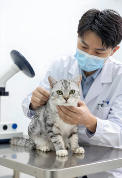 veterinary care and pet health, veterinarian examining a cat in a clinic with medical equipment for animal wellness and professional checkup