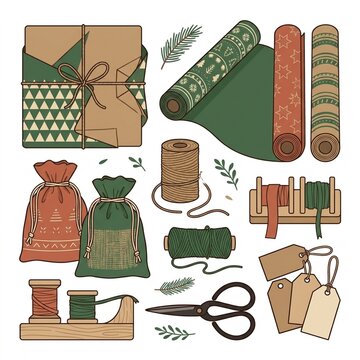 Christmas Gift Wrapping Supplies and Festive Accessories Set Vector Background Isolated on White
