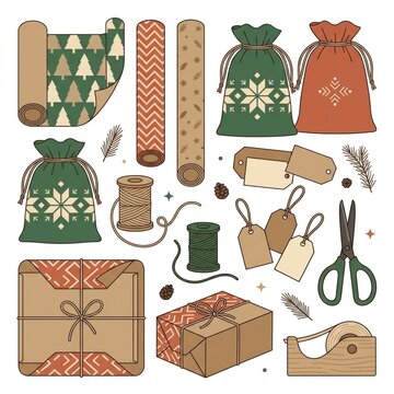Christmas Gift Wrapping Supplies Set Vector Background Isolated on White