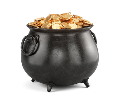 Pot full of gold coins leprechaun treasure isolated on white. St Patrick's day concept