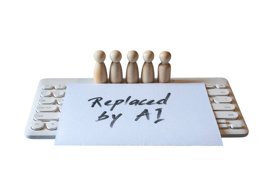 Wooden Figures on Keyboard with Replaced by AI Note. Isolated on transparent background.