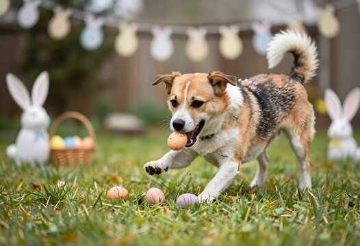 Easter celebration and spring holiday fun, happy dog playing with colorful eggs in a backyard garden with festive decorations and bunny ornaments
