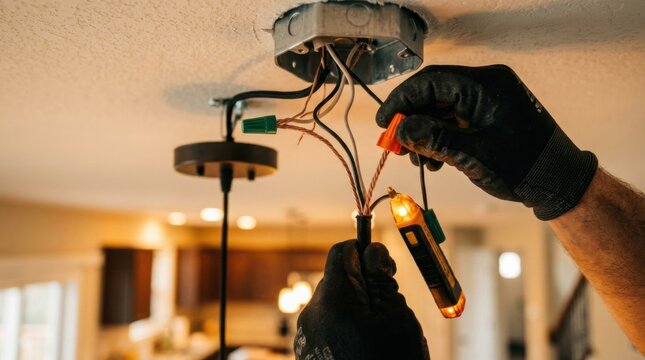 Electrician wiring a modern pendant light fixture at a ceiling junction box with wire nuts and a voltage tester, concept of home electrical installation and safety services
