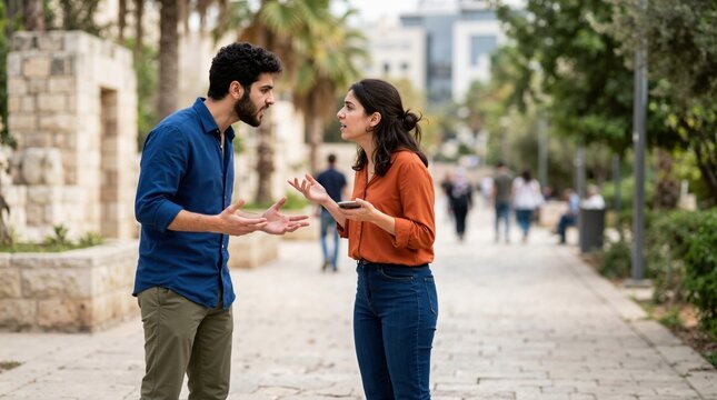 Man and woman having an argument outdoors on a paved path. Couple disputing and shouting while holding a smartphone. Relationship conflict and miscommunication concept