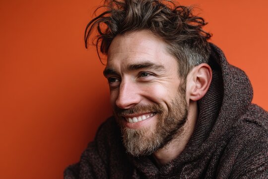 Portrait of a smiling man in his 30s smiling at the camera on solid color backdrop