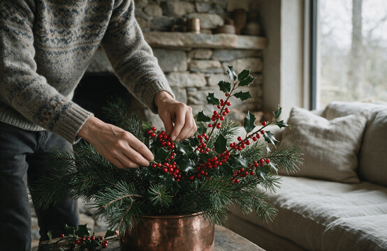 Natural Christmas Decoration with Pine Branches in a Copper Bowl