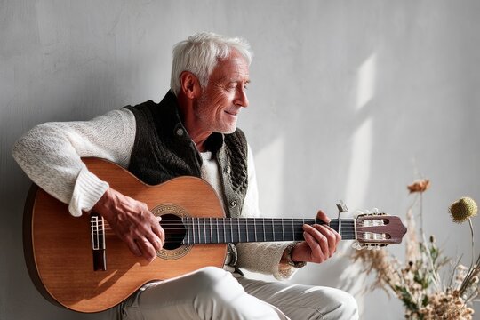 Portrait of a smiling man in his 80s playing the guitar while standing against light wood minimalistic setup