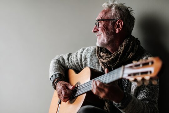 Portrait of a smiling man in his 80s playing the guitar isolated in light wood minimalistic setup