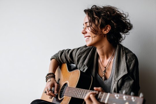 Portrait of a jovial caucasian woman in her 30s playing the guitar isolated in plain white digital canvas
