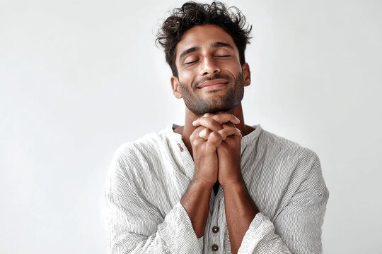 Portrait of a blissful indian man in his 30s joining palms in a gesture of gratitude while standing against plain white digital canvas