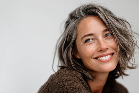 Portrait of a happy woman in her 40s smiling at the camera over plain white digital canvas