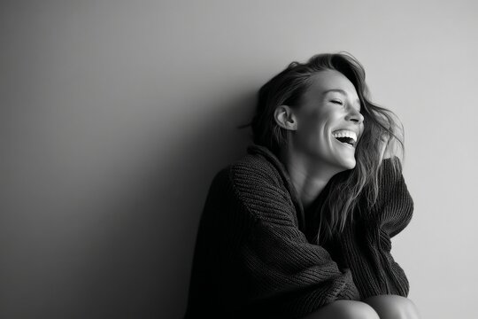 Portrait of a content woman in her 30s laughing isolated in bare monochromatic room