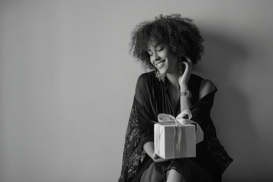 Portrait of a cheerful afro-american woman in her 20s holding a gift over bare monochromatic room