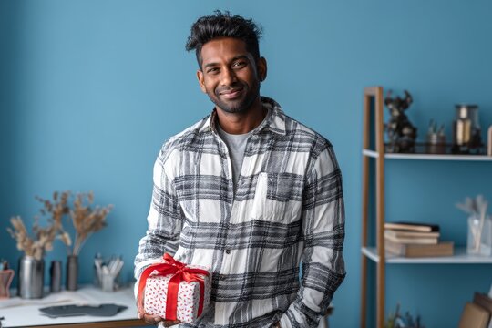 Portrait of a smiling indian man in his 30s holding a gift isolated in stylized simple home office background