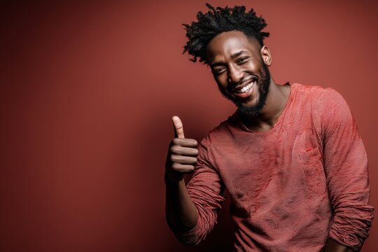 Portrait of a smiling afro-american man in his 20s showing a thumb up over plain cyclorama studio wall