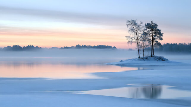 Peaceful winter landscape with snowy shore, calm river, mist, and trees at sunrise. Beautiful pastel sky and serene atmosphere.