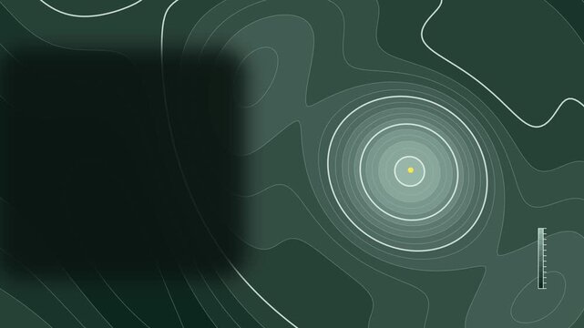 Animated temperature contours spreading outward drawn as a minimal cartographic pattern in green and olive on a dark background. Smooth 4K seamless loop of elevation isolines with slow organic movemen
