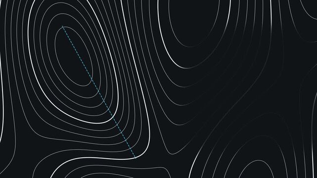 Seamless 4K looping contour animation: isobar field with trough. Clean vector isolines drifting over a dark background in blue and indigo, built as a calm topographic pattern for titles and lower thir
