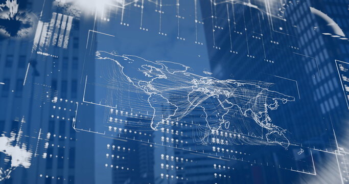 Cityscape with digital world map overlay, representing global business connections
