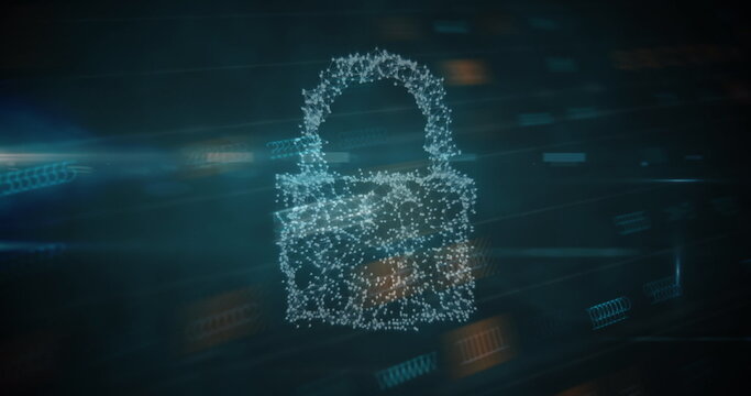 Digital lock icon made of particles symbolizing cybersecurity and data protection