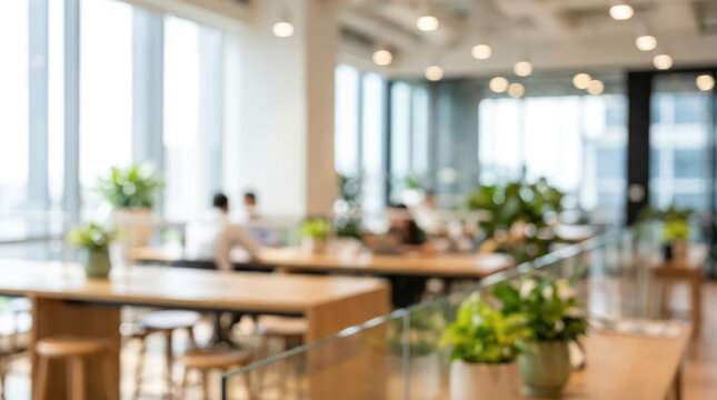 Blurred background of modern office with natural sunlight from glass window and green plants 