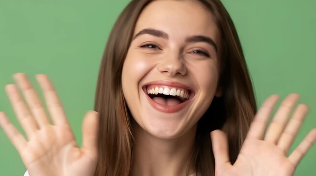 Joyful Woman Waves with a Bright Smile