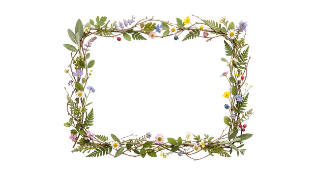 Rectangular wildflower and botanical twig frame with daisies, delicate meadow blossoms, colorful berries and green foliage isolated on transparent background for rustic invitations and decorative desi