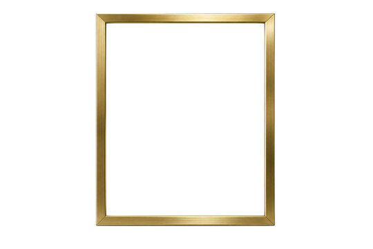 Empty gold rectangular picture frame with brushed metallic finish and clean mitered corners isolated on transparent background for portrait photography, artwork, elegant interiors and wall decoration
