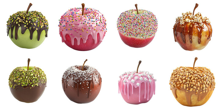 Set of sweet apples with chocolate, caramel, popcorn, marshmallows, pistachios, and sprinkles, isolated on transparent background PNG, clipping path, template, mockup, cut out
