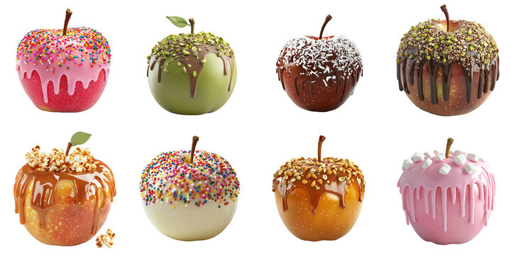 Set of sweet apples with chocolate, caramel, popcorn, marshmallows, pistachios, and sprinkles, isolated on transparent background PNG, clipping path, template, mockup, cut out