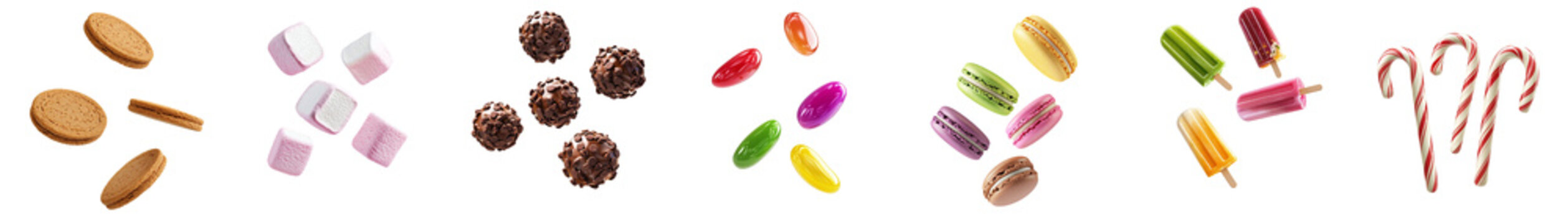 Set of falling sweets: macarons, candy canes, jelly beans, cookies, marshmallows, ice cream, chocolate balls, isolated on transparent background PNG, clipping path, template, mockup, cut out