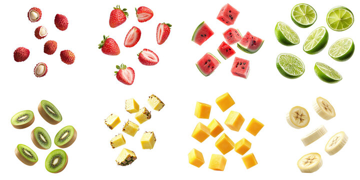 Set of falling fruit and berry slices: strawberry, kiwi, banana, mango, watermelon, lime, lychee, pineapple, isolated on transparent background PNG, clipping path, template, mockup, cut out