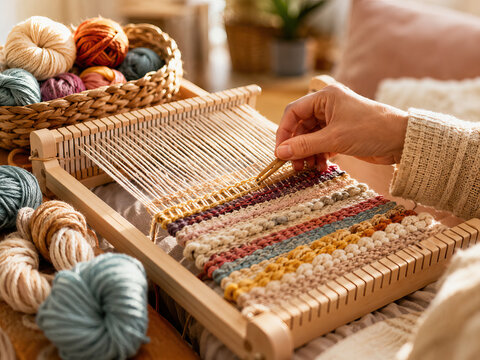 A woman meticulously weaves a colorful textile on a small wooden frame loom, creating a calm and focused atmosphere.