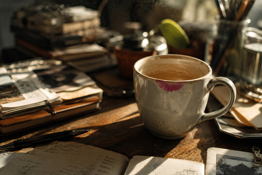 A warm mug on a wooden table, fostering a peaceful and contemplative atmosphere.
