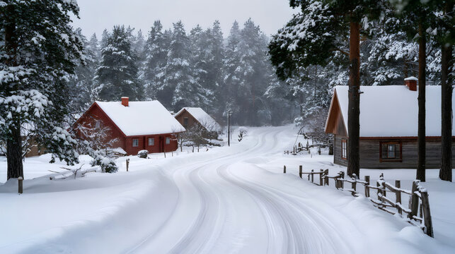 Scenic winter village landscape with cozy wooden houses, snowy road, pine forest and peaceful atmosphere. Idyllic rural countryside in cold season, beautiful serene nature.