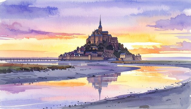 Loose line-and-wash watercolor painting of Mont-Saint-Michel rising above shimmering coastal mudflats at dawn with soft atmospheric washes