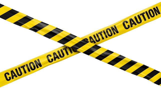 Two crossed yellow caution tapes with black stripes isolated on white background