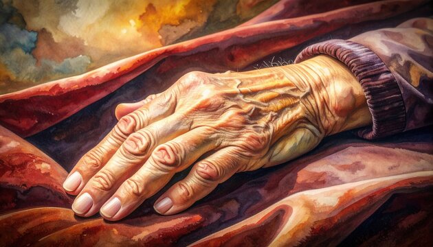 Close-up watercolor study of an elderly hand resting gently on rich dark velvet fabric featuring detailed skin texture and warm side lighting