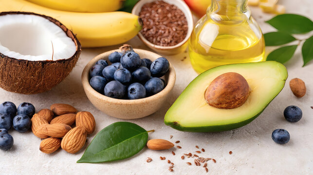 Assortment of healthy foods including avocado, blueberries, coconut, bananas, almonds, flax seeds, olive oil and green leaves on a light background.
