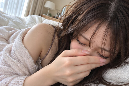 淡いピンクのレースの上着で顔に手を添え横たわる女性