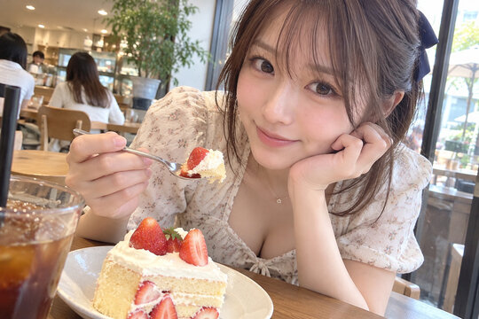 カフェで苺ケーキをフォークに載せ笑顔を向ける女性