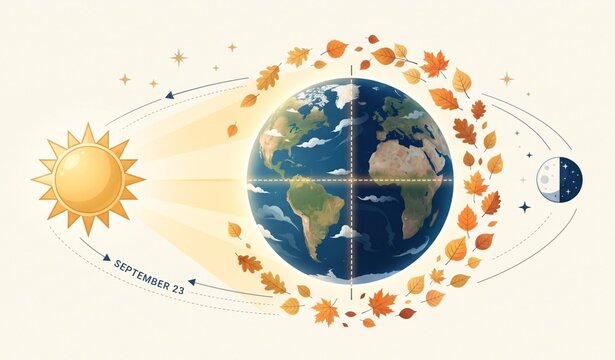 Autumn Equinox September 23 Vector Illustration with Earth, Sun and Seasonal Elements