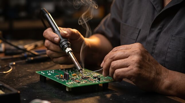 electronics repair skills, a hispanic teenage girl skillfully solders a circuit board, wisps of smoke gleaming