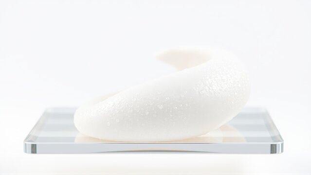 White foam rests upon clear platform. Minimalist studio shot, clean aesthetic, soft lighting, product presentation. Focus on texture, purity.