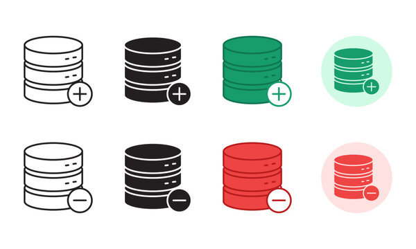 Database server icons with add and remove symbols in outline solid and colored styles for modern web interface design with backend management applications
