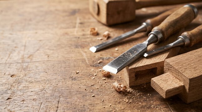 Sharp steel wood chisels resting beside clean mortise and tenon joint on workbench