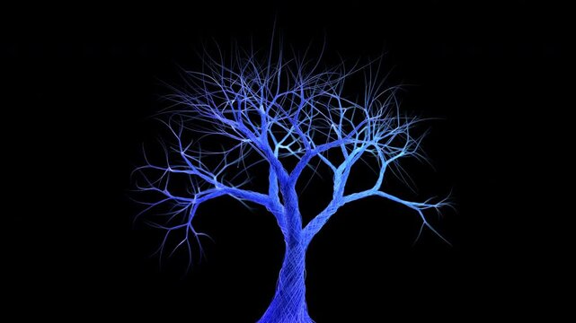 Glowing blue tree growing and fading on a dark black background, neural network and knowledge growth concept, seamless loop, 3d rendered animation